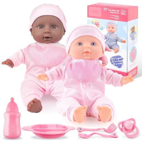 Toy Chois Twin Baby Dolls 12 inch Two Soft Body Black and White Doll with Accessoires Dolls Play Set for 2 3 4 5 Year Old Boys and Girls Gift Pink Outfit Doll Set