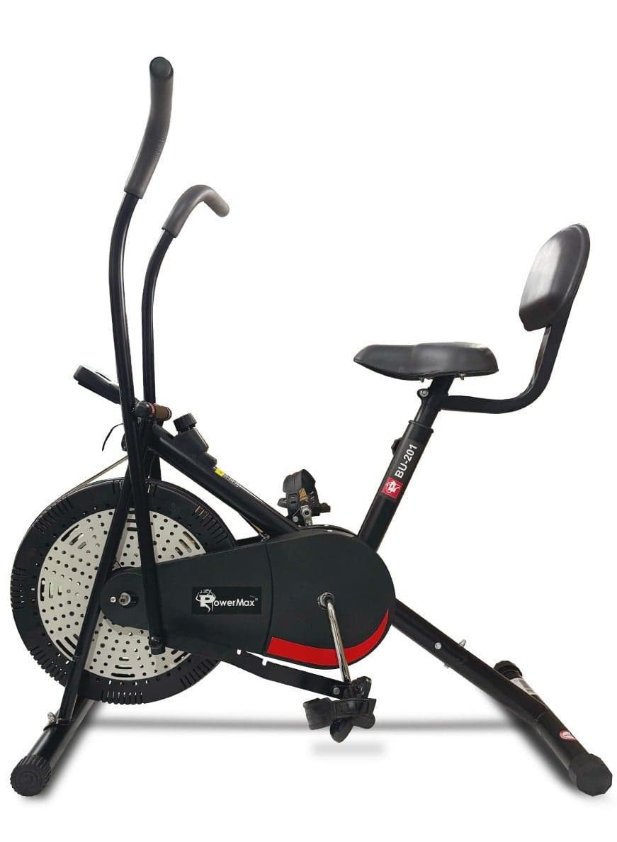 PowerMax Fitness BU-201 Dual Action Air Bike Exercise Cycle for Home-Gym Workout With Adjustable Cushioned Seat | Non-Slip Pedals |Moving Handles Gym Bike for Max user 120kg, Belt Drive