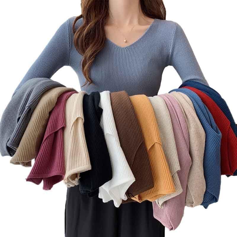 ICW Women Knitted Ribbed Stretchable High Neck Long Sleeves Pull Over Top Sweater Dn68 (in, Alpha, XS, Regular, V-Neck)
