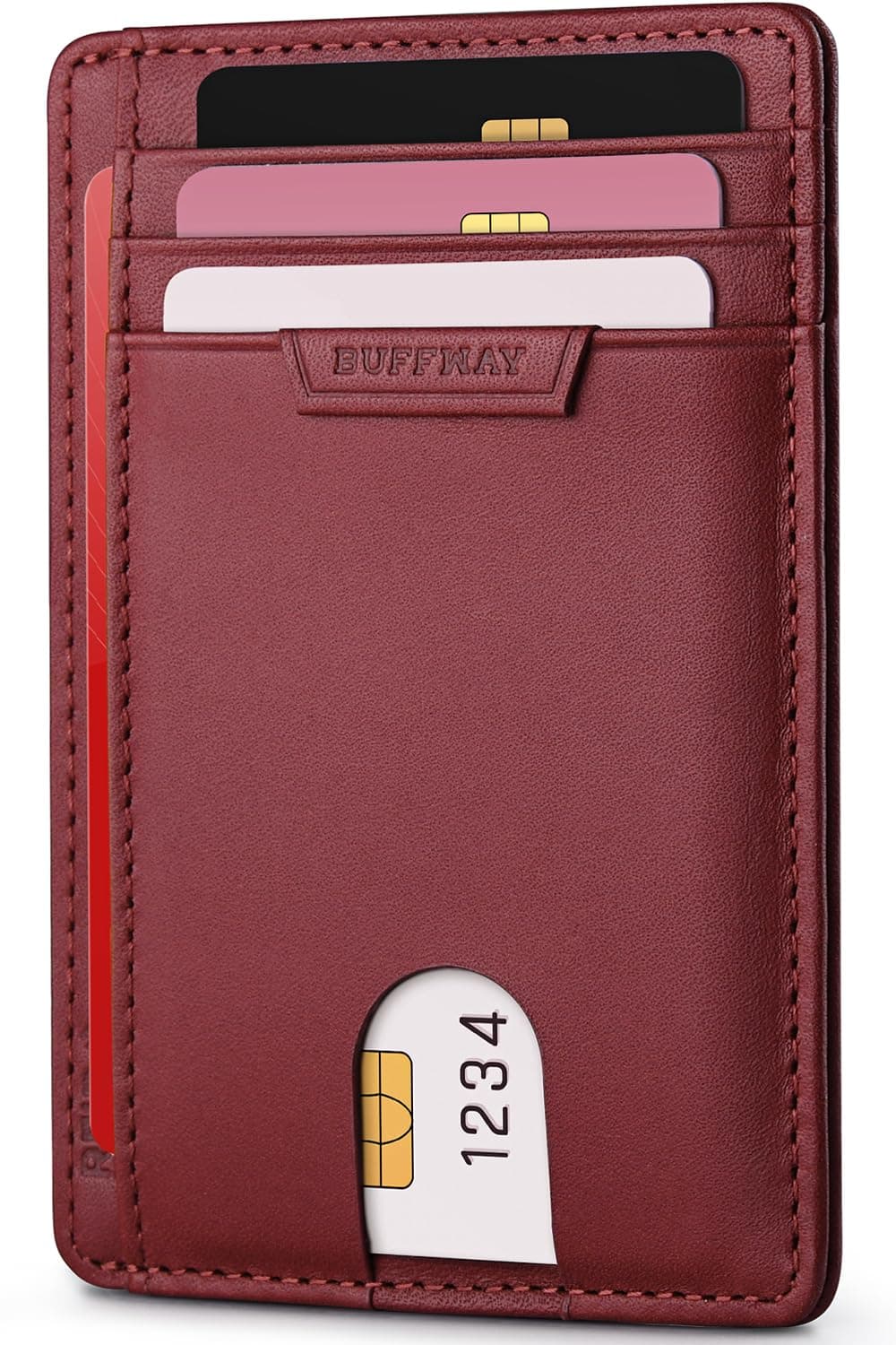 Buffway Slim Wallet for Men Women Minimalist Small Leather Front Pocket Wallets with RFID Blocking and Gifts Box - Bassa Mars Red