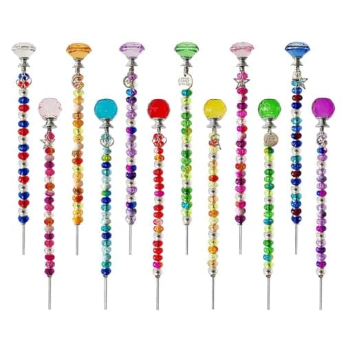 ZSlactp 290Pcs Beaded Garden Stakes Kit - DIY Fairy Wand Garden Stake Beads Kit with 240 Colorful Large Hole Beads, Fairy Garden Accessories Outdoor for Different Festivals (6Diamonds & 6Balls)