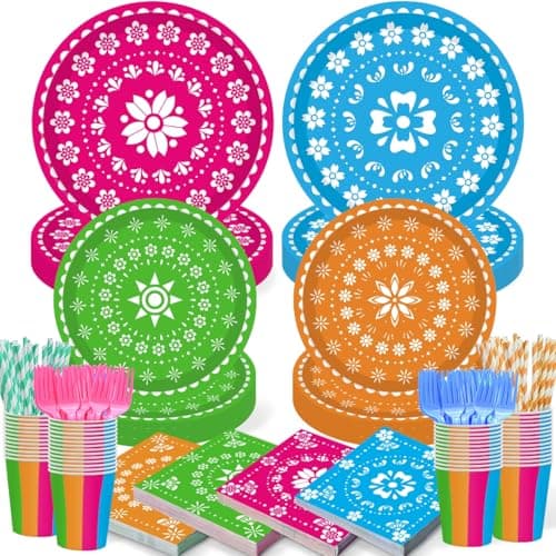 120PCS Mexican Fiesta Plates and Napkins Party Supplies Cinco De Mayo Party Decorations Tableware Set for Mexico Taco Carnival Colorful Carnival Birthday Pinata Platters Dance Party Serves 20