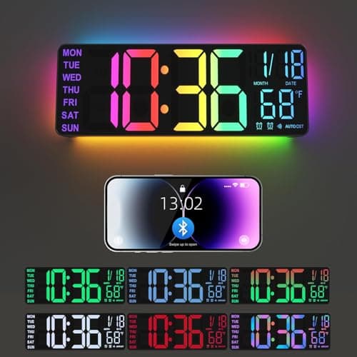 YISILE 13" Digital Wall Clock with Night Light,8 RGB Color,Dual Alarms with Large Display, Dimmer, Auto DST, Voice Control, Auto Time Sync,Remote Control for Living Room Bedroom,Gift for All Ages