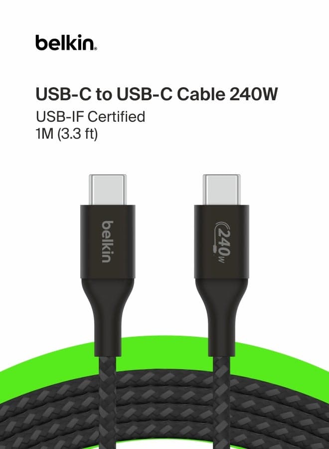 BoostCharge USB-C to USB-C Power charger cable, USB-IF certified fast charging cable with 240W Power Delivery for iPhone 17, 16, 15, MacBook, Chromebook, Galaxy, iPad, Pixel & More - 1m, black Black