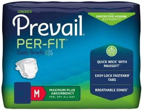 Prevail Per-Fit Unisex Maximum Absorbency Incontinence Briefs with Refastenable Tabs, Medium 32" - 44", 20 Count