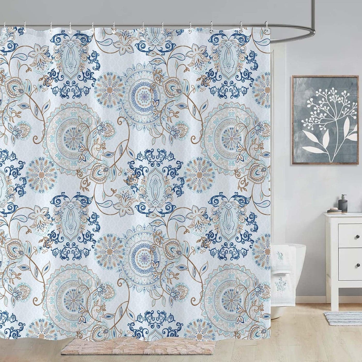 Neasow Light Blue and Navy Paisley Shower Curtain Cool Teal Design Floral Bathroom Curtain Shower Curtains 7272 inches