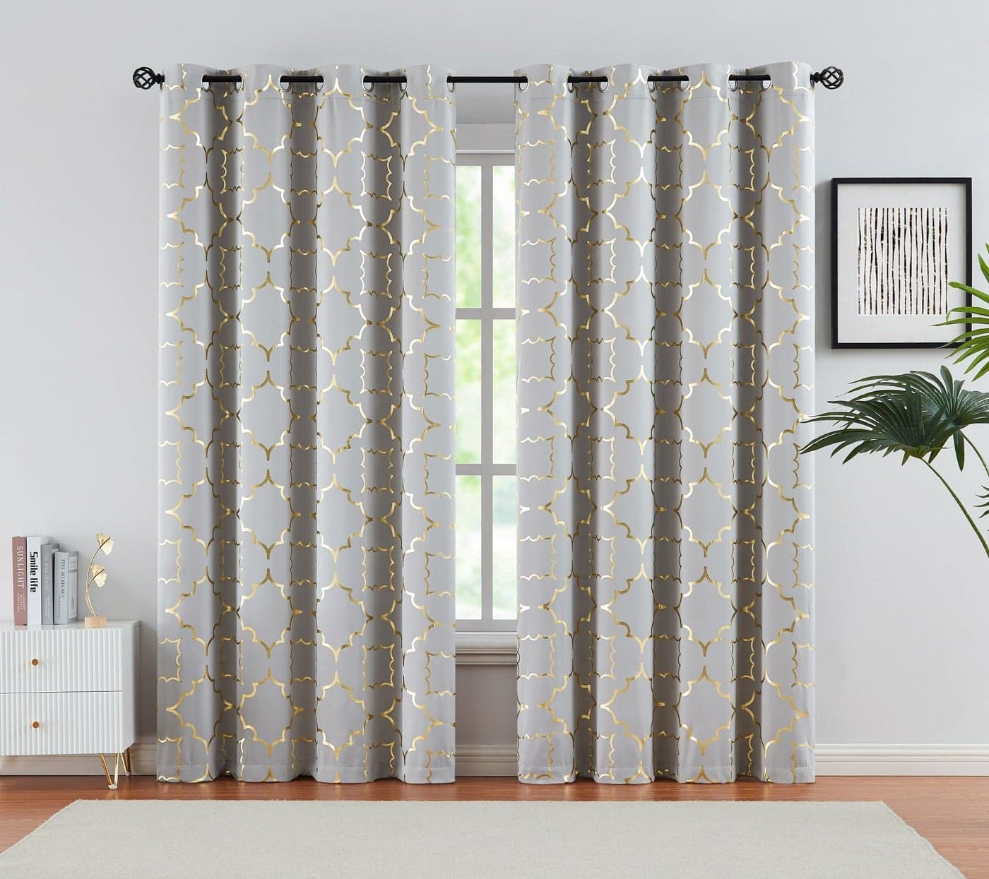 Foil Gold Blackout Window Curtains for Bedroom Living Room 95inch Long Modern Metallic Print Thermal Insulated Drapes Privacy Protection Window Treatment Sets Grommet Top 2 Panels Grey