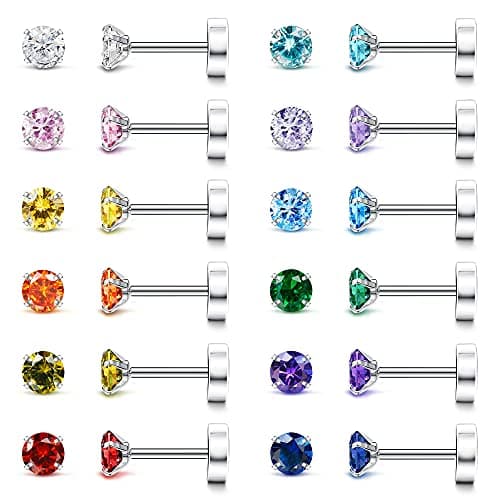 Fansilver 20G Hypoallergenic Flat Back Earrings for Women Men Silver 14K Gold Stainless Steel Stud Earrings Brithstone Cubic Zirconia Studs Surgical Steel Cartilage Earrings for Sensitive Ears
