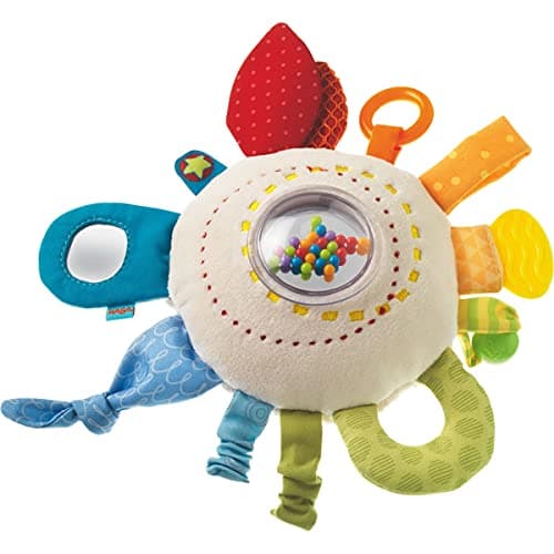 HABA Teether Cuddly Rainbow Round Soft Activity Toy with Rattling Teething ElementsMulticolored