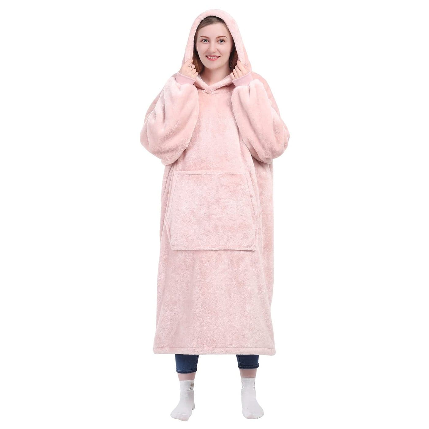 KPBLIS Wearable Blanket Hoodie Gifts for Women and Men, Oversized Hooded Blankets Sweatshirt, Cozy and Warm Fleece Blanket with Sleeves and Giant Pocket for Adults and Kids, Pink