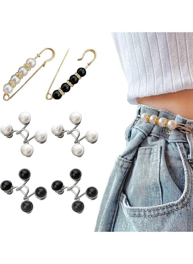 6 Pcs Pant Waist Tightener, Reusable Adjustable Jean Button Pin, Pearl Waist Brooch Clips for Women Girls Jeans, Detachable Design, Clothing Dresses Fit Instant Jean Button Decoration