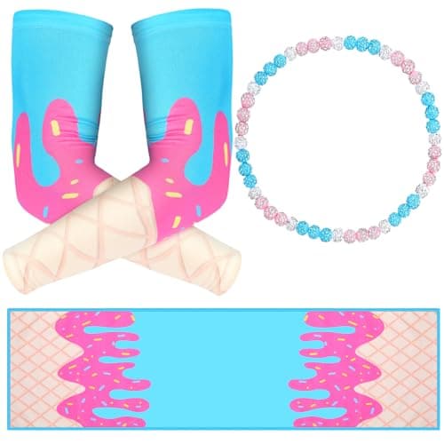 SmoothNovelty 3 Pcs Ice Cream Drip Baseball Accessories, Arm Sleeves, Cooling Towel, Beaded Necklace Gift for Baseball Lovers(Beaded,Pink Blue White,M)