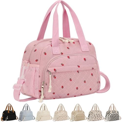 ELONGRIVER Corduroy Insulated Lunch Bag for Women Teen Girls, Portable Adult Lunch Box, Reusable Tote Cooler Bags, Lightweight Womens Lunch Bags with Front Pockets Work Picnic Travel, Pink Strawberry