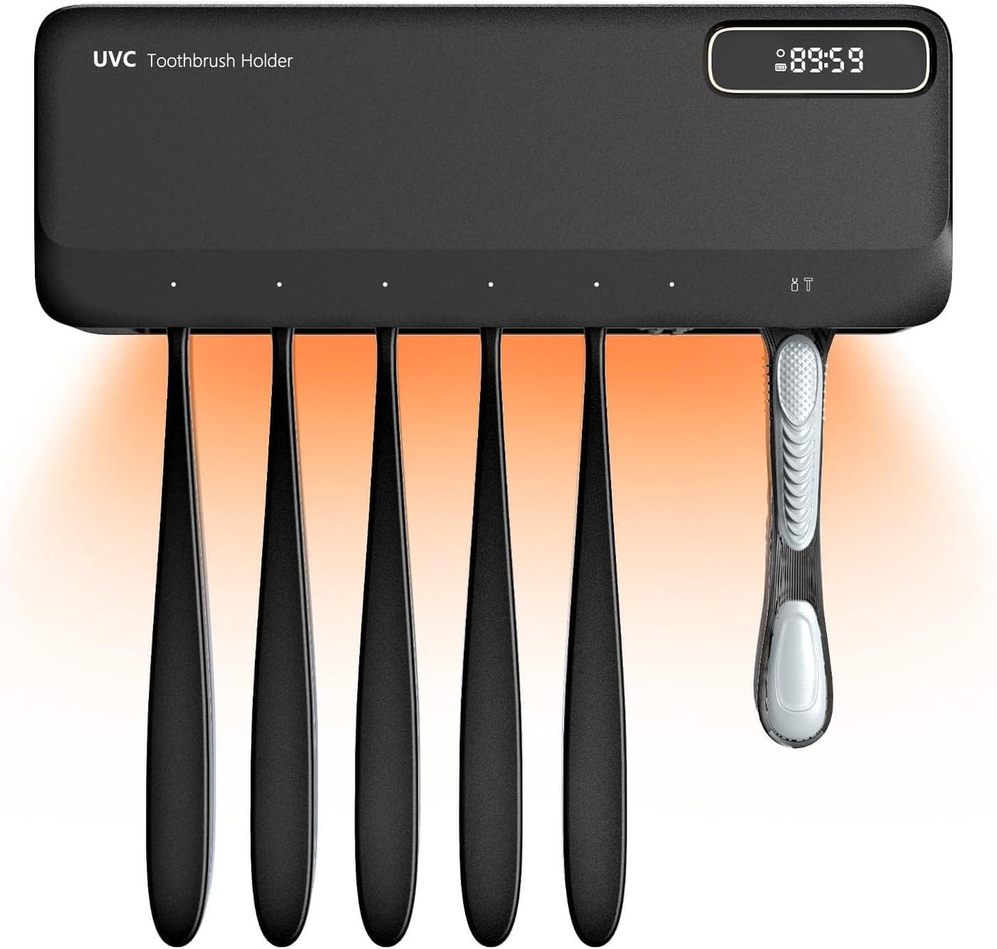 SwanKiss UV Toothbrush Sanitizer Holder for Bathrooms,Mold & Odor Removal & Timer Function Smart Home Bathroom Accessories, 5+1+1 Slots Rechargeable Cordless Wall Mounted Tooth Brush Holder (Black)