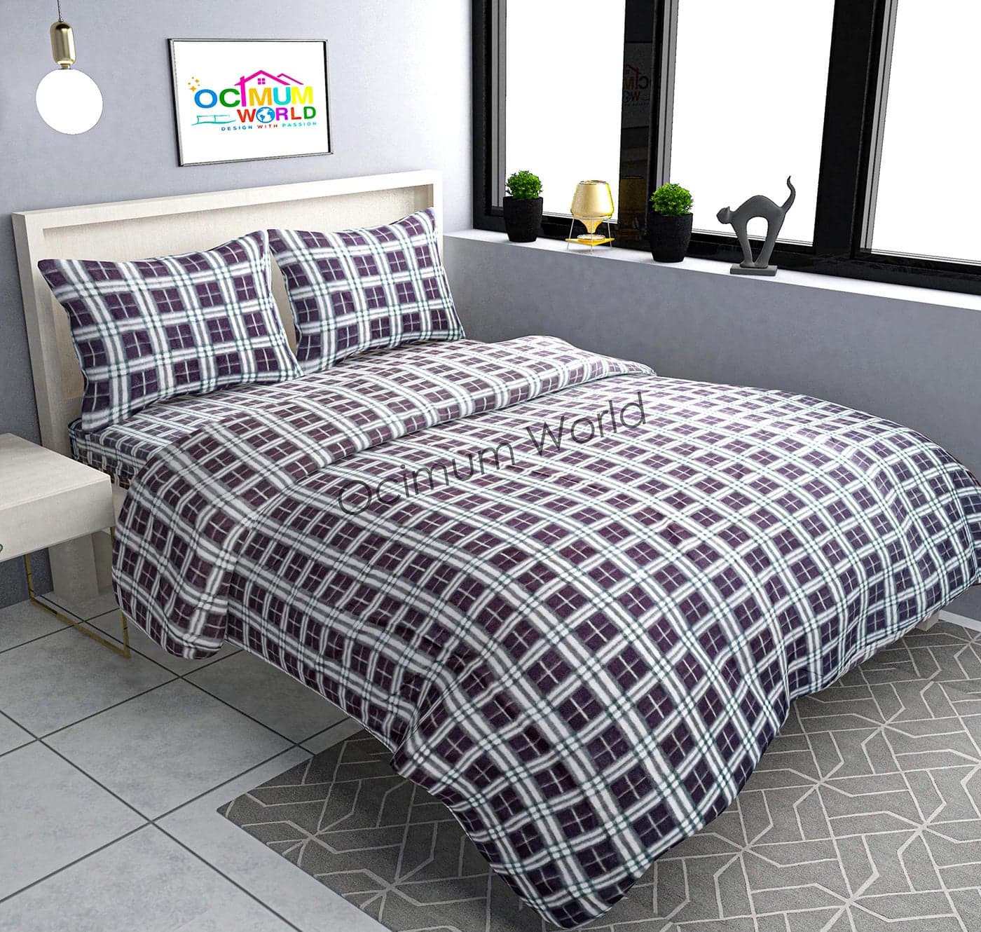 MORADO Woolen Heavy Fleece Warm Checkered Double Bedsheet with Two Pillow Covers with Zipper for Winters (90×100 Inches, Light Grey)