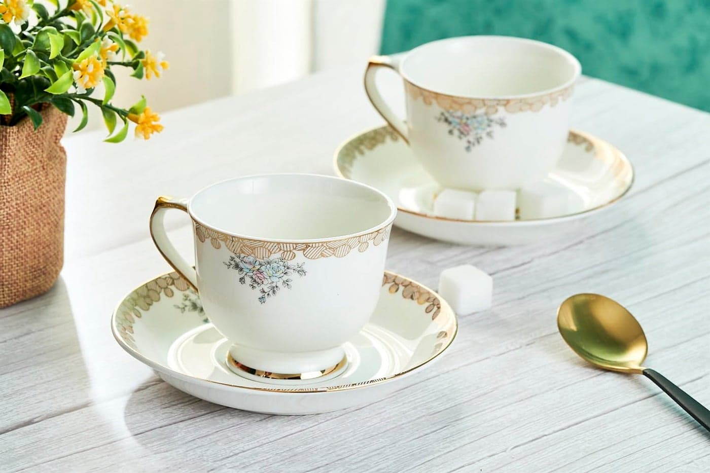 GOLDEN QUEENS Gold and Platinum Series Cups Saucers for CoffeeTeaHot Drinks Set of 12 pcs Designed with 24 Carat Gold 6 Cups 6 Saucers Gold Blue Florals 170 ml
