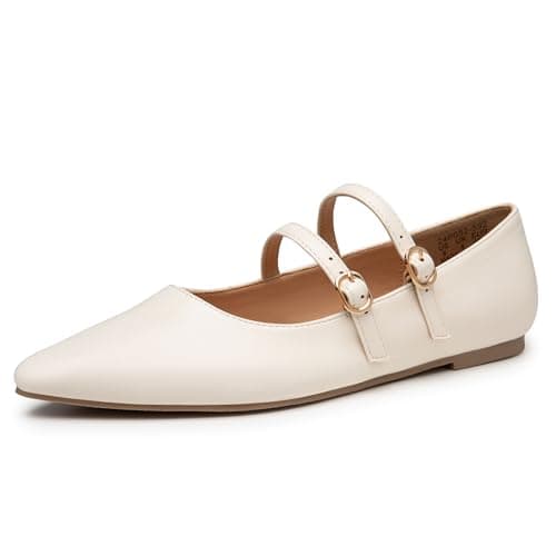 Trary White Flats for Women, Mary Jane Shoes Women Closed Pointed Toe Ballet Flats Dressy Comfortable Slip on Shoes Leather Mary Janes Beige Size 6.5
