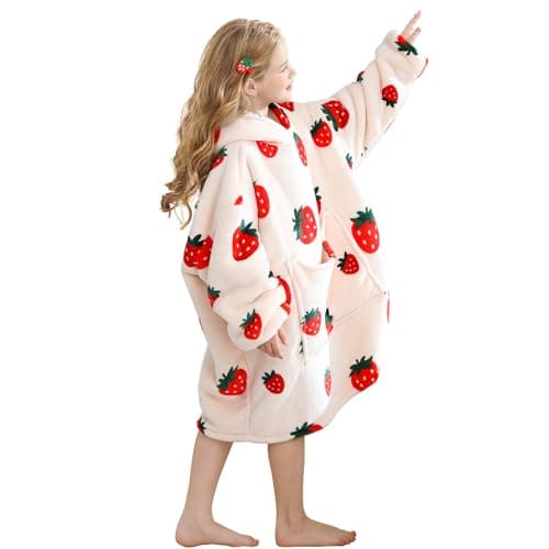 Aemilas Strawberry Wearable Blanket Hoodie as Kids Gifts - Oversize Sherpa & Flannel Blanket Sweatshirt for Boys & Girls 6-13, One Size, Beige