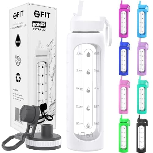 FIT Strong & Healthy 32 oz Glass Water Bottle with Straw Lid - Wide Mouth Borosilicate Glass Water Bottles with Time Marker, Silicone Sleeve & Extra Lid - 1L Large Motivational Drinking Bottle (White)