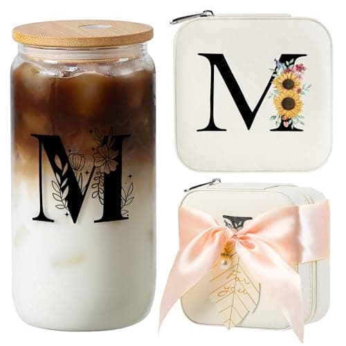 AYGXU teen girl gifts trendy stuff,Jewelry Box Organizer,Travel Initial Jewelry Box for Girls,16oz glass cups with bamboo lids,aesthetic glass cup,Travel Essentials,Initial M white