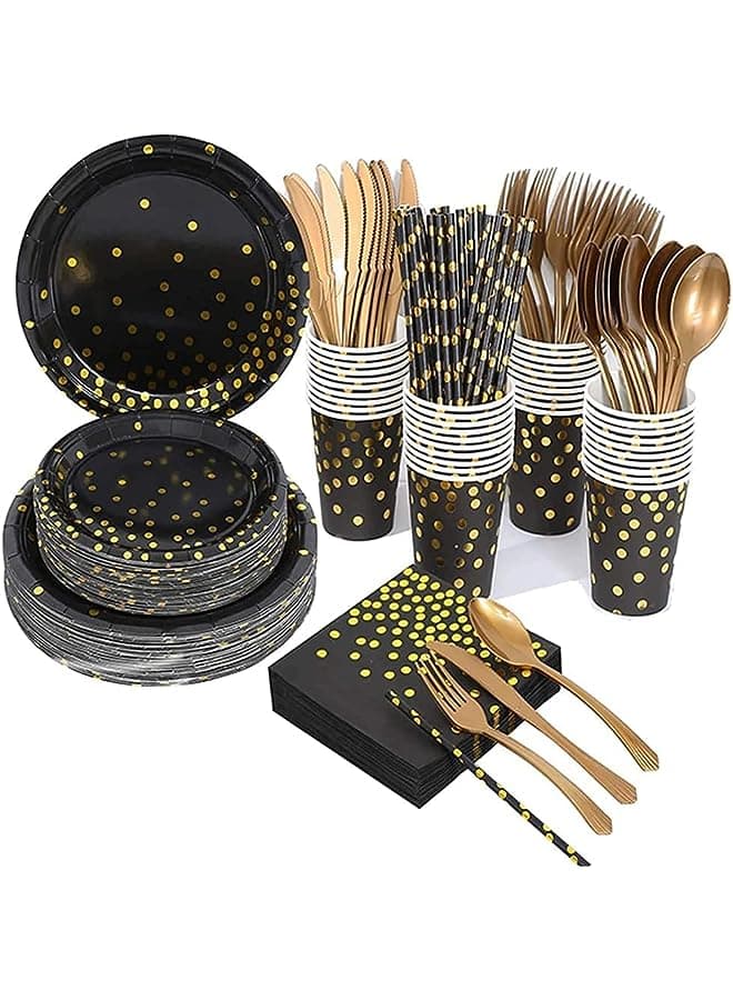 200 Pieces White Gold Party Supplies Party Tableware Foil Paper Plates Napkins Cups Straws for Weddings, Anniversary, Birthday-25 Guests (black)