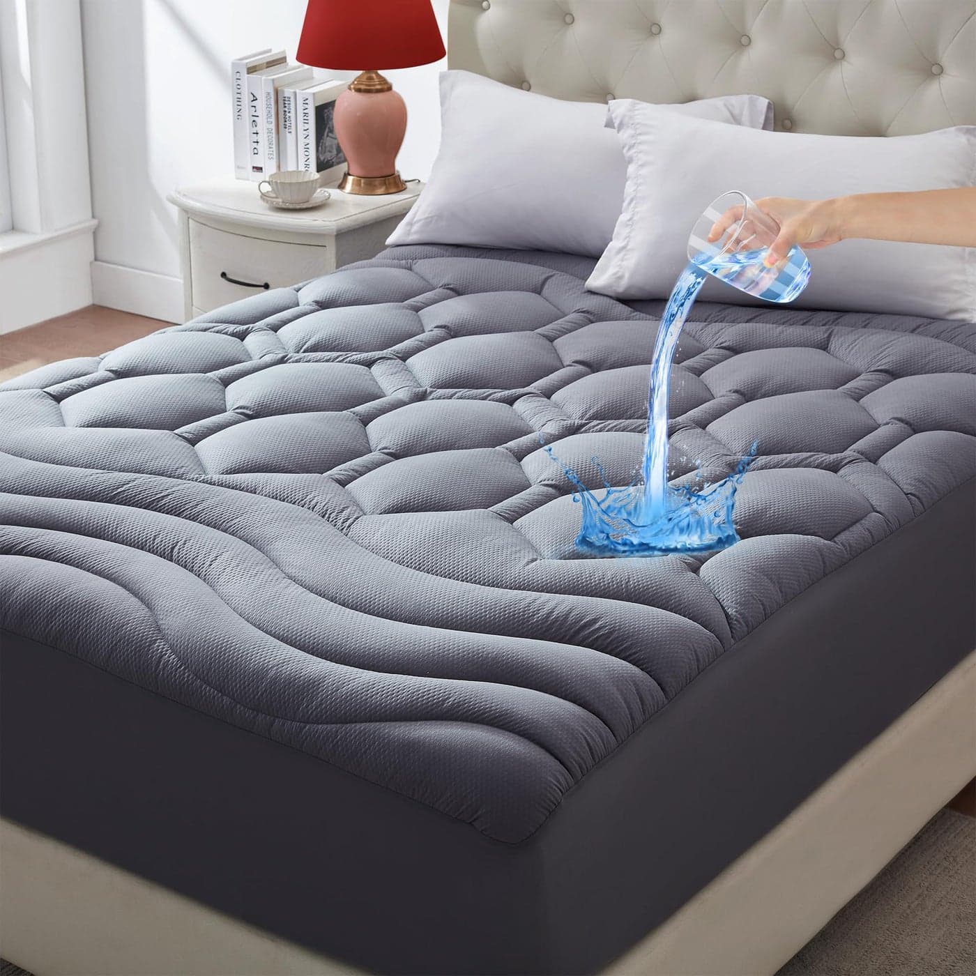 ELVEN HOME King Size Mattress Pad Waterproof Cooling Mattress Topper Noiseless Leak Proof Mattress Protector Deep Pocket Washable Quilted Fitted Soft King Mattress Pad Cover 78x80 inch Grey