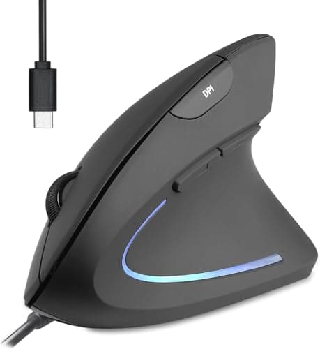 Perixx PERIMICE513C Wired Vertical USBC Mouse 6 Buttons Adjustable 10001600 DPI RightHanded 59ft Cable Black