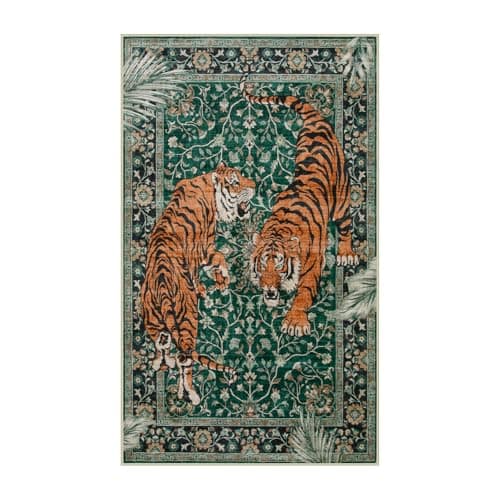 Moynesa Tiger 3x5 Washable Rug, Boho Area Rugs for Entryway, Green Non Slip Small Rug for Bedroom, Ultra Thin Botanical Soft Accent Carpet for Kitchen Entry Laundry Room