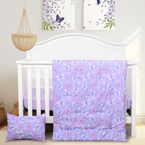 JISEN 3 Piece Crib Bedding Set Soft Baby Crib Bedding Set Butterfly Crib Comforter Set - Comforter Sheet Pillowcase Nursery Bedding Sets for Baby Girls or Boys Purple