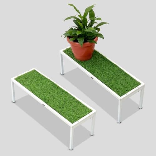 Urban Plant Apollo Metal Plant Stand with Green Grass | Decorative Pot Holder for Home, Balcony & Garden | Artificial Grass Mat Included (White – Set of 2)