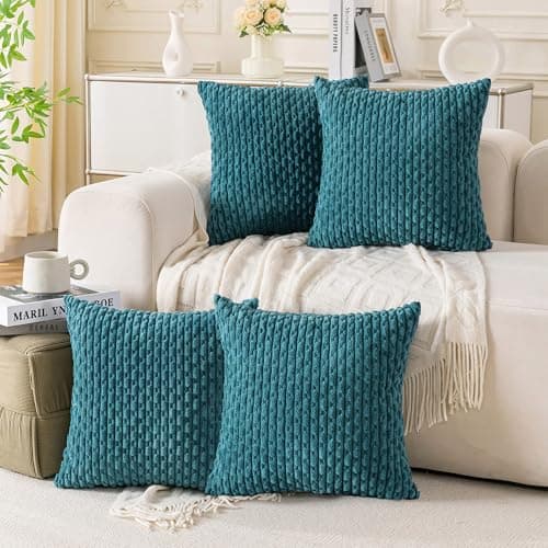 Cozoomy Set of 4 Teal Decorative Throw Pillow Covers 18x18 Inch Corduroy Pillow Covers for Bed Couch Sofa Living Room Soft Square Cushion Cases