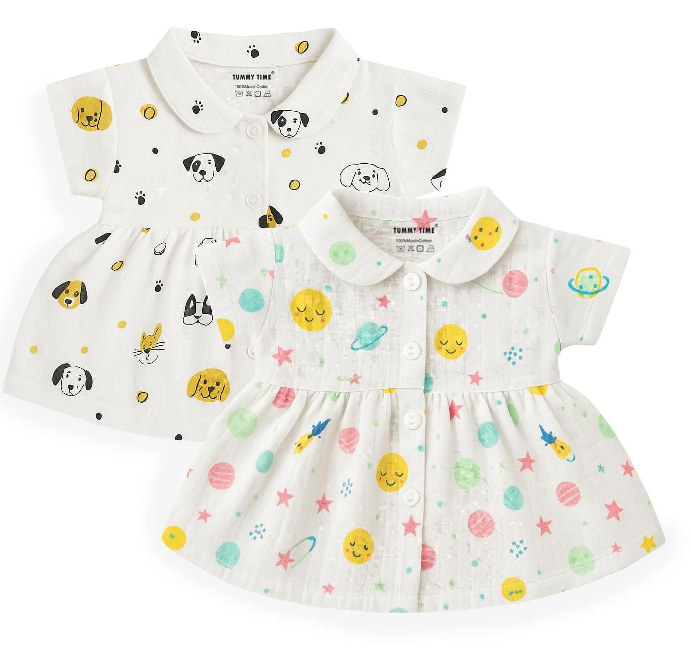 TUMMY TIME Muslin Front Open Frock for Newborn Baby – White Printed, Half Sleeve | Muslin Soft Cotton Dress