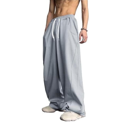 WZIKAI Men's Baggy Sweatpants Elastic Waist Drawstring Wide Leg Sweatpants Casual Loose Baggy Joggers with Pockets Light Grey L