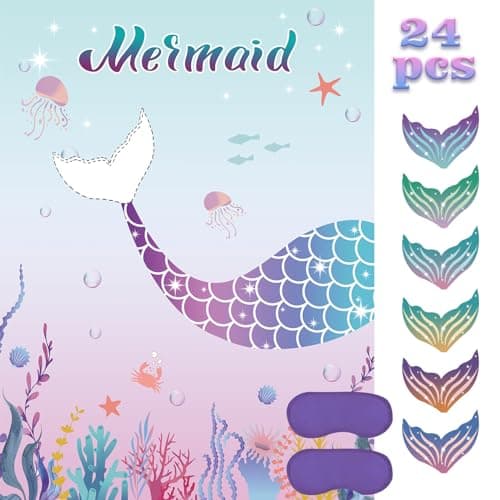Pin The Tail on The Mermaid Party Game with 24 PCS Tails for Kids Girls Birthday 21 x 28 Mermaid