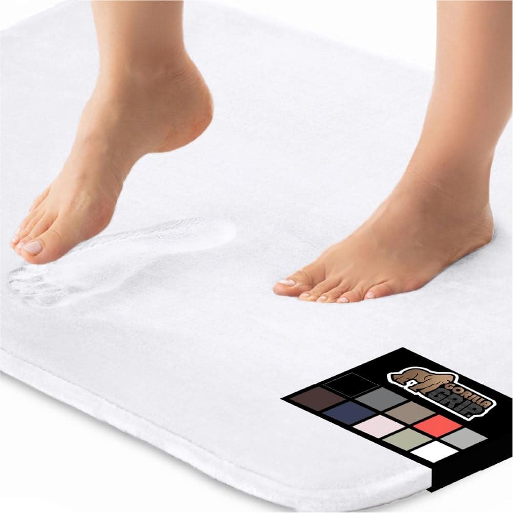 GORILLA GRIP Thick Memory Foam Bath Rugs Soft Absorbent Velvet Bathroom Mats Durable Dots on Underside Machine Washable Bathmat Carpet Rug Room Decor for Shower Floor 30x20 Mat White