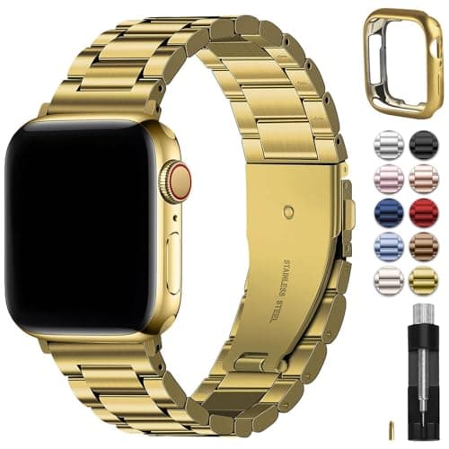 Fullmosa Metal Band Compatible with Apple Watch Bands 41mm 40mm 38mm iWatch Band with Case for Apple Watch Series 9 8 7 6 5 4 3 2 1 SE321 Golden
