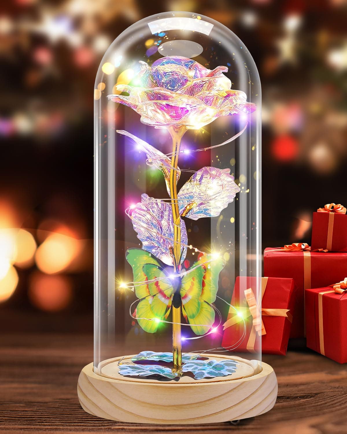 Otlonpe Glass Rose Flower Womens Gifts for Christmas Valentines Day Mothers Day Teacher Appreciation Graduation Birthday Gifts for Women Mom Wife Girlfriend Grandma Sister Teacher Wood Colorful