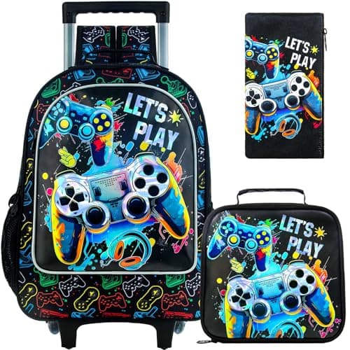 UFNDC 4PCS Boys Rolling Backpack, Cute Game Wheeled Bookbag,Roller School Bag with Wheels for Elementary Preschool Travel
