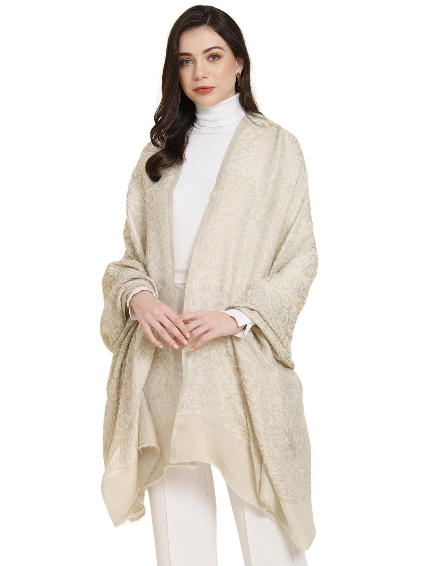 Pashtush Women's Extra Fine Wool Shawl, Twilight Reversible Design (Beige and Ivory)