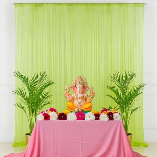 SpecialYou® Ganpati Decoration Setup for Home with Light Green Chiffon Like Back Drop Curtain for Decor, Ganpati Decorations Backdrop for Wall Decor Items, Ganesh Decoration Items for Home- Set of 2