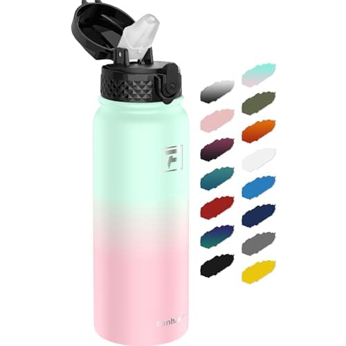 Fanhaw 20 Oz Kids Insulated Stainless Steel Water Bottle with Straw Lid, Leakproof & Anti-Dust Everyday Use Bottle for School, Women & Men, Back to School Essentials (Green Pink)