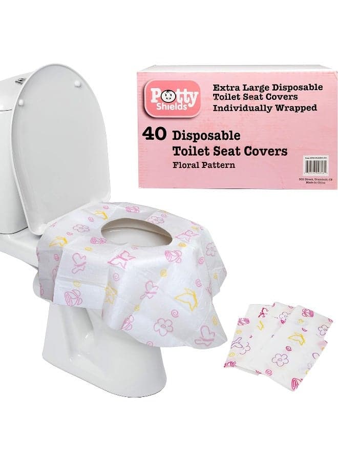 Potty Shields Toilet Seat Covers- Disposable XL Potty Seat Covers, Individually Wrapped by - Extra-Large, No Slip (Floral - 40 Pack)