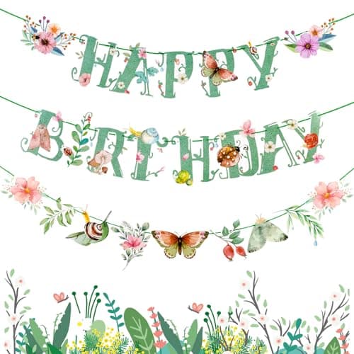 SUNBEAUTY Wildflower Happy Birthday Banner Sage Green Floral Flower Party Decorations Butterfly Flower Banner Summer Spring Butterfly Birthday for Women Girl Baby Shower Garden Tea Party Supplies PreStrung