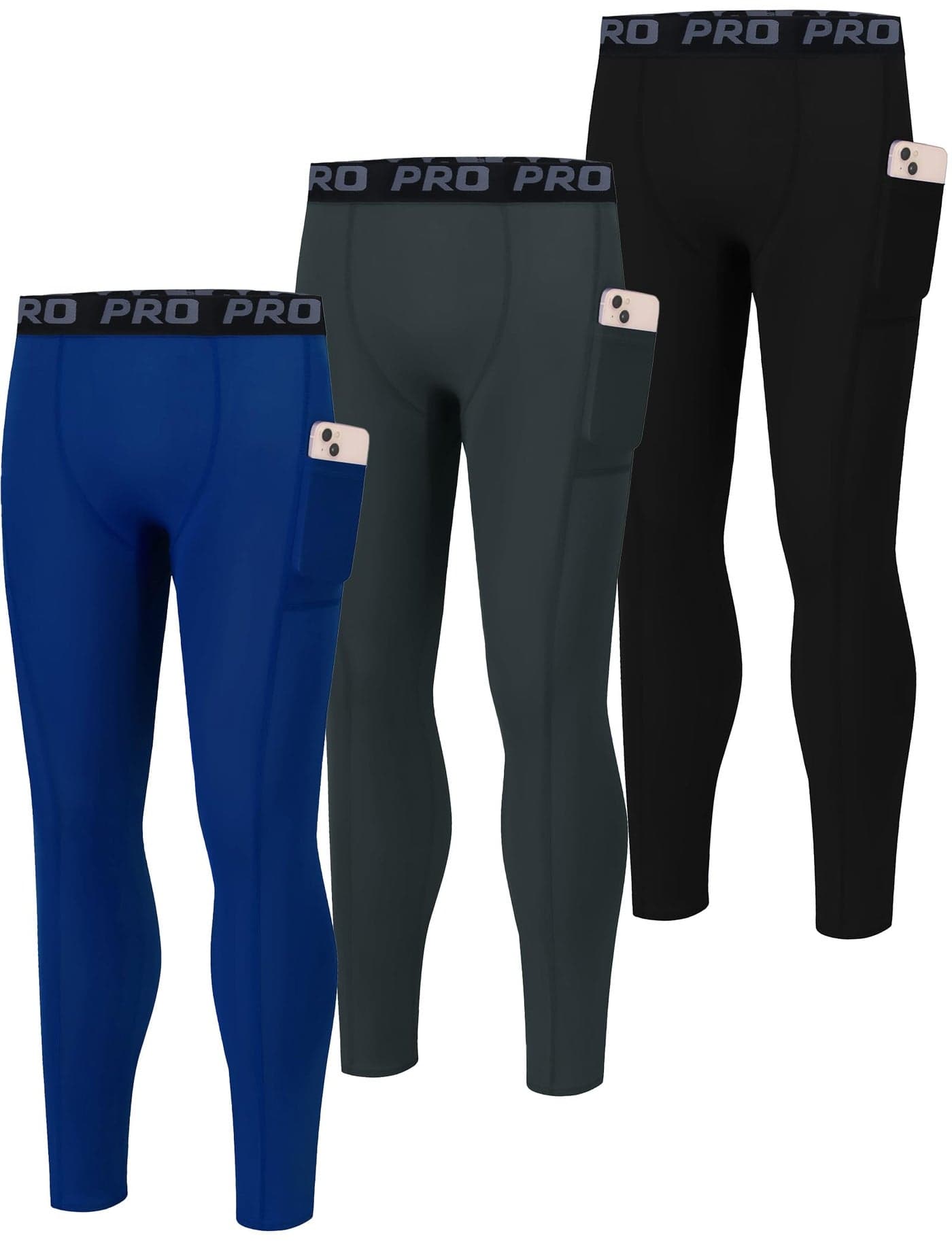 EXARUS 3 Pack Youth Boys Compression Leggings Tights Performance Basketball Athletic Pants Sports Base Layer for Soccer Side Pocket 8Y