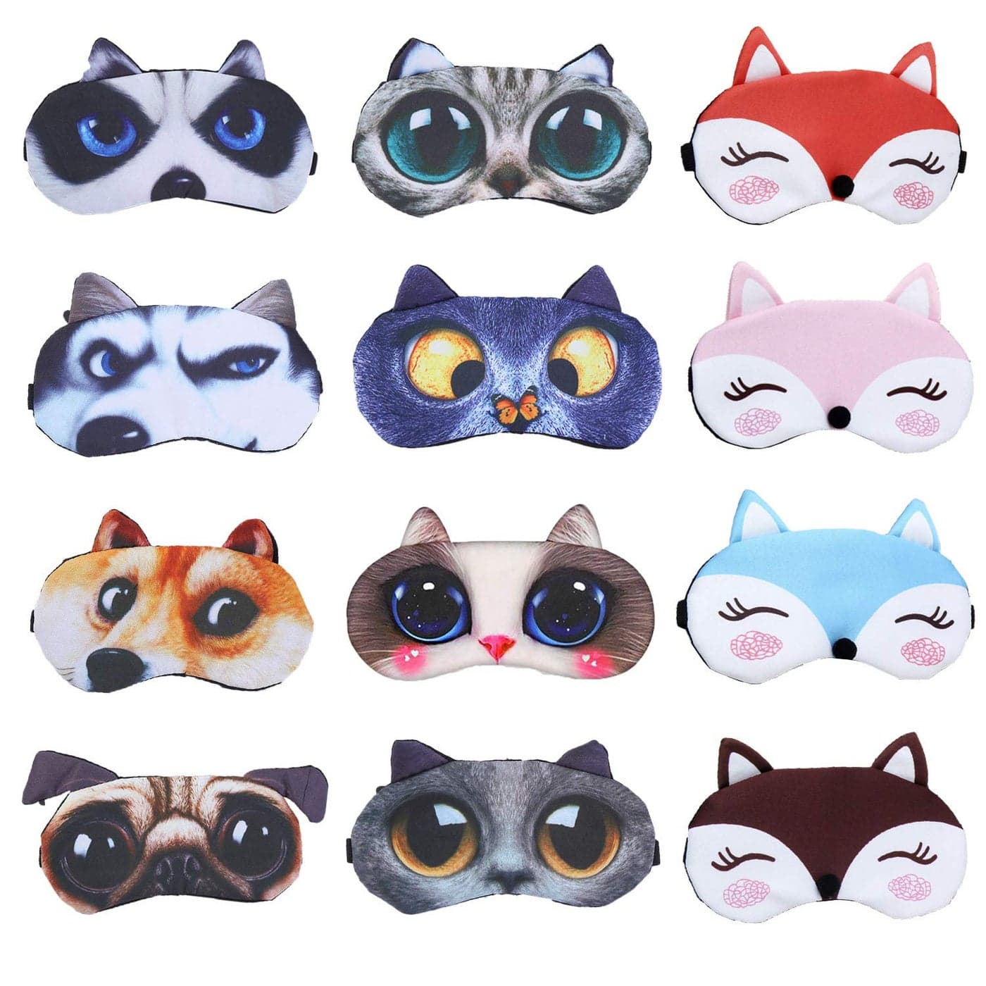 EBaokuup 12 Pack Animal Sleep Eye Mask Soft Funny Blindfolds Sleeping Mask Cute Cat Dog Eye Cover Eye shade for Kids Girls Men Women Plane Travel Nap Night Sleeping