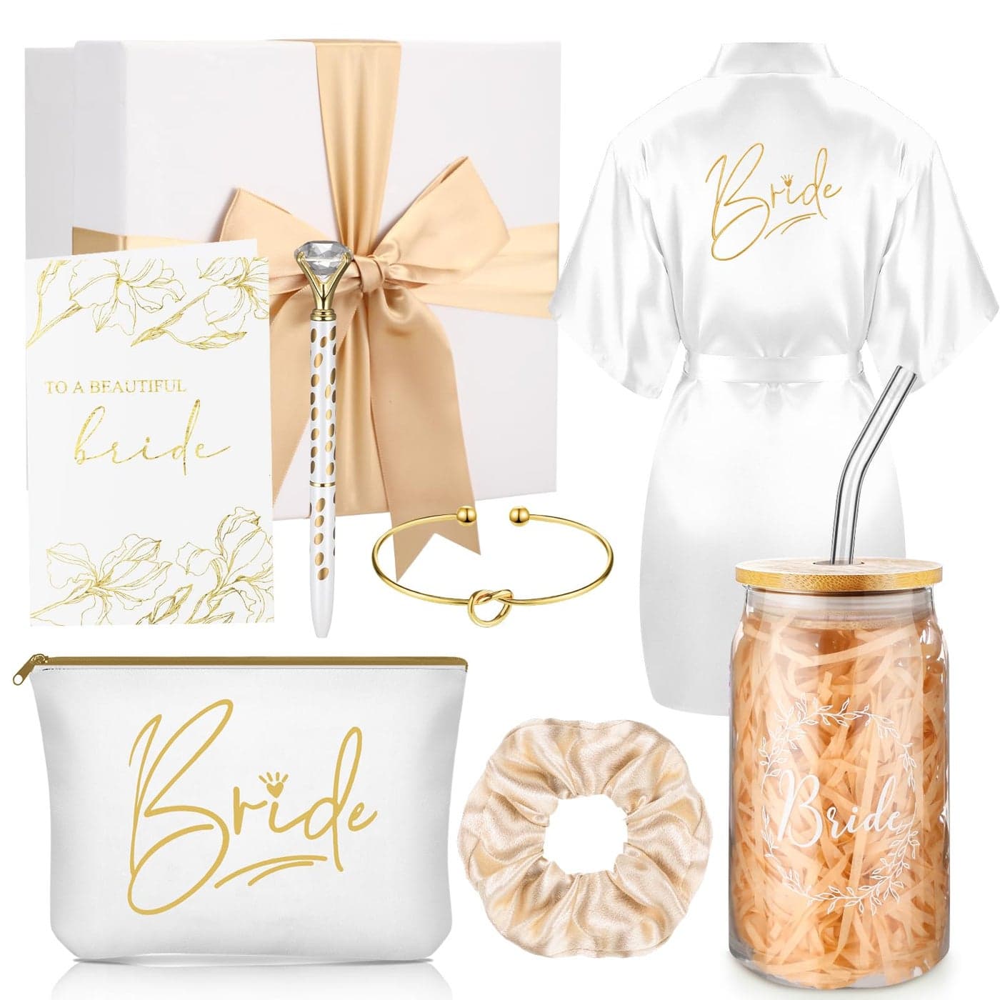Irenare 8 Pcs Bride Gifts Set for Bridal Shower Bachelorette Party Robe Cup Makeup Bag Bracelet Scrunchies Card Pen Gift BoxWhite
