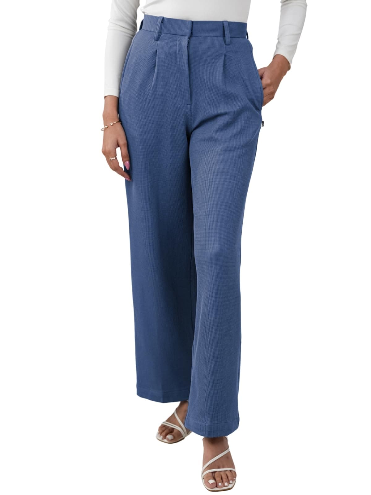 Leriya Fashion Women High Waist Polycotton Formal Trousers | Summer Breathable Wide Leg Pants with Pockets |Casual, Office & Travel Outfits Blue