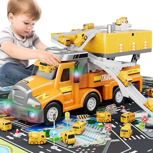 Dwi Dowellin Construction Truck for Kids Ages 35 Trucks Transport Car with 4 Mini Vehicles PlaymatTruck Toys with Light and MusicToddlers Toys Gift for 34 Year Old Boy and Girl Yellow
