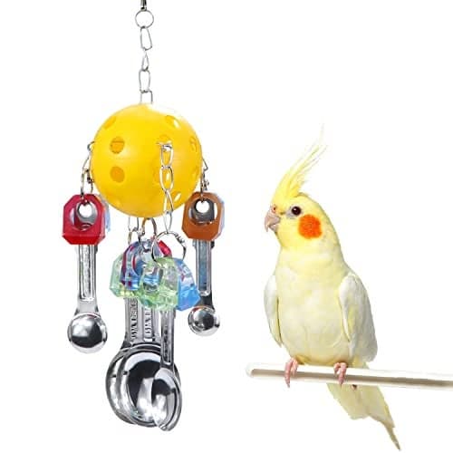 Litewoo Bird Chew Toy with Metal Spoons Ball Chewing Toy Hanging Swing for Parrot Macaw Cage Accessory