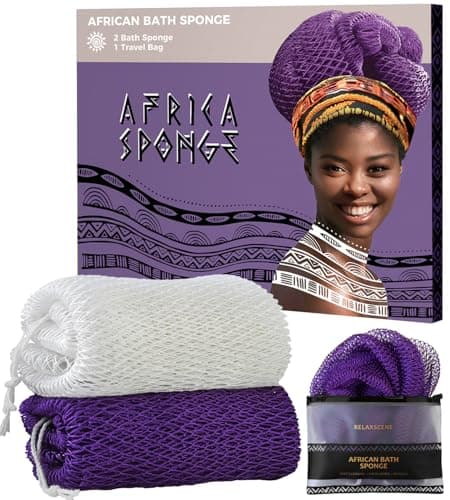 African Net Sponge Authentic - 2 Pieces Exfoliating Body Scrubber Bath Sponge - Back Scrubber Washcloth for Shower White&Purple - Real African Scrub Exfoliator Body Care Bathing Accessorie